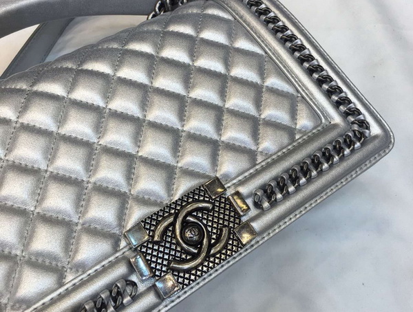 Chanel Le Boy Flap Bag with Handle Metallic Calfskin Ruthenium Metal Silver for Sale