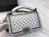 Chanel Le Boy Flap Bag with Handle Metallic Calfskin Ruthenium Metal Silver for Sale