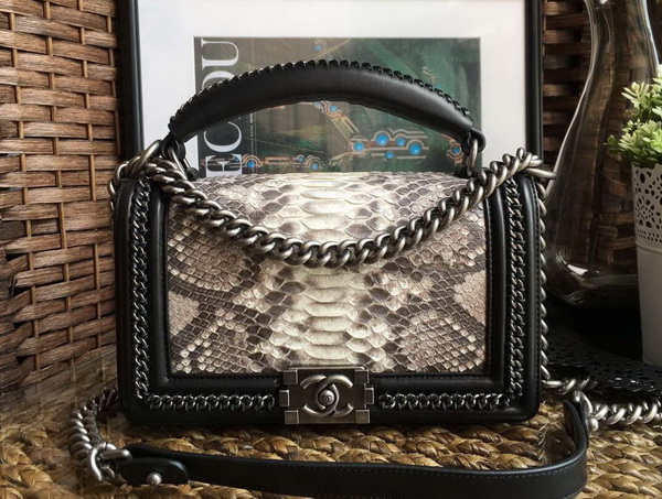 Chanel Le Boy Flap Bag with Handle Python Lambskin Ruthenium Metal Beige for Sale