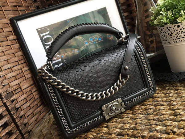 Chanel Le Boy Flap Bag with Handle Python Lambskin Ruthenium Metal Black for Sale