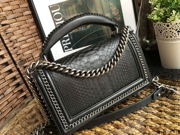 Chanel Le Boy Flap Bag with Handle Python Lambskin Ruthenium Metal Black for Sale