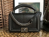 Chanel Le Boy Flap Bag with Handle Python Lambskin Ruthenium Metal Black for Sale