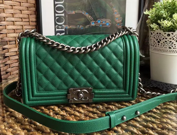 Chanel Le Boy Green Caviar Antique Silver Hardwares for Sale