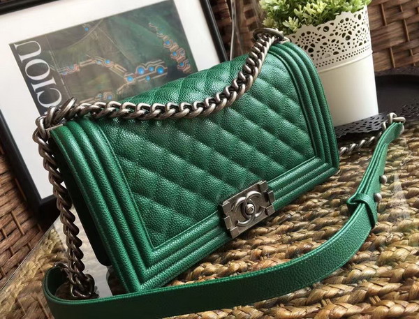 Chanel Le Boy Green Caviar Antique Silver Hardwares for Sale