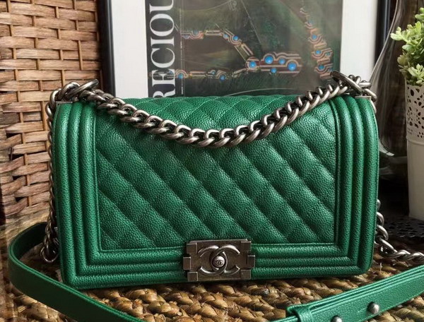 Chanel Le Boy Green Caviar Antique Silver Hardwares for Sale