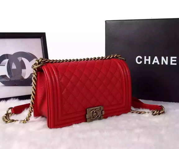 Chanel Le Boy Red Caviar Antique Brass Hardware for Sale