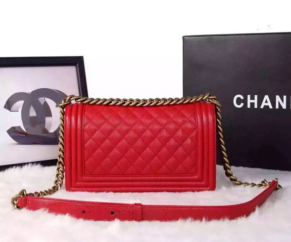 Chanel Le Boy Red Caviar Antique Brass Hardware for Sale