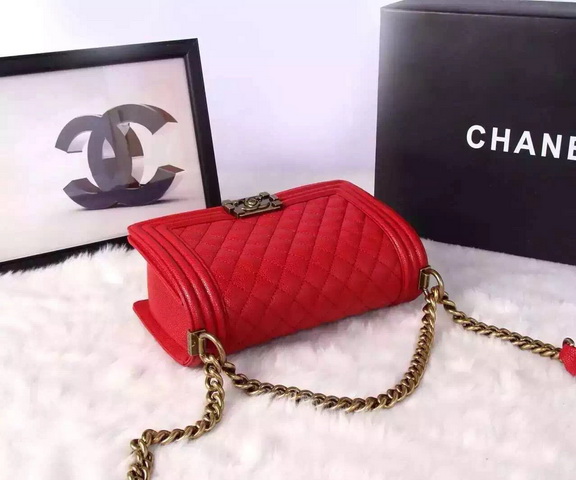 Chanel Le Boy Red Caviar Antique Brass Hardware for Sale