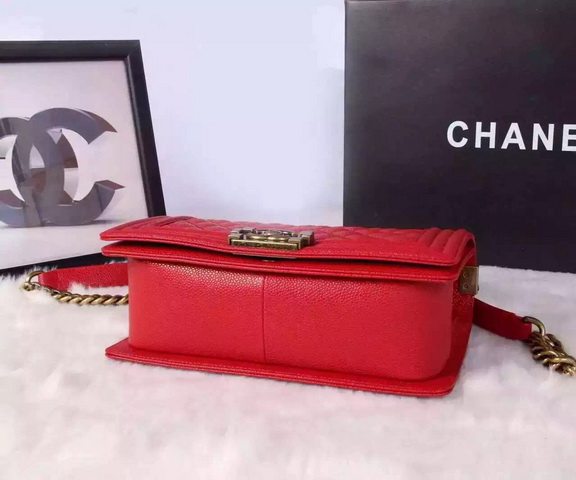 Chanel Le Boy Red Caviar Antique Brass Hardware for Sale