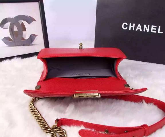 Chanel Le Boy Red Caviar Antique Brass Hardware for Sale