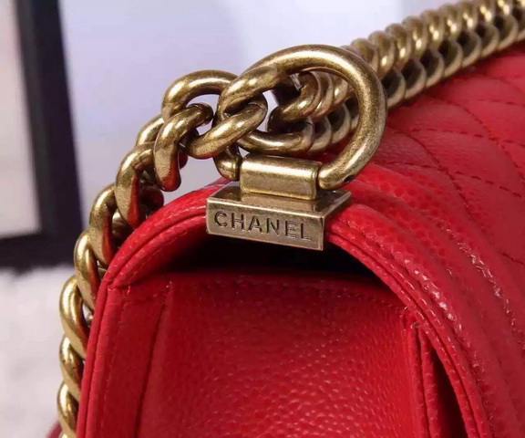 Chanel Le Boy Red Caviar Antique Brass Hardware for Sale