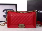 Chanel Le Boy Red Caviar Antique Brass Hardware for Sale