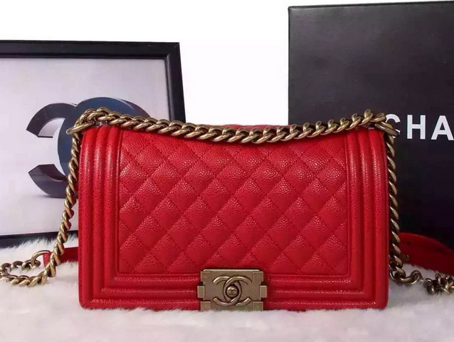 Chanel Le Boy Red Caviar Antique Brass Hardware for Sale