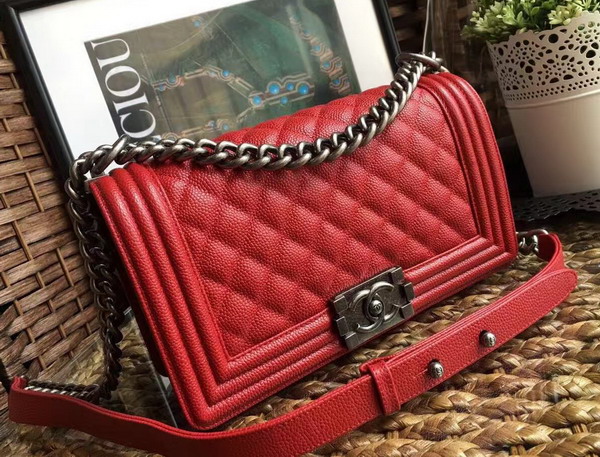 Chanel Le Boy Red Caviar Antique Silver Hardware for Sale