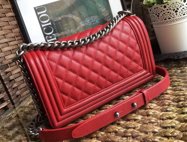 Chanel Le Boy Red Caviar Antique Silver Hardware for Sale