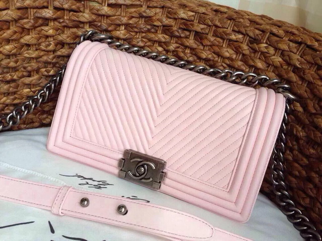 Chanel Le Boy Sakura Pink Chevron Lambskin Silver Hardware for Sale