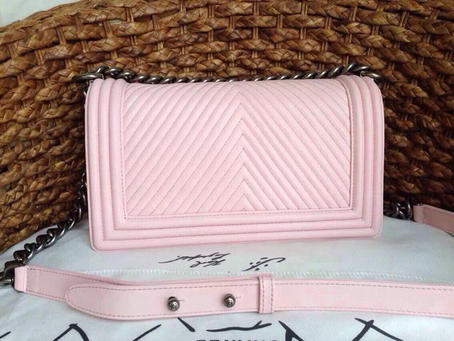 Chanel Le Boy Sakura Pink Chevron Lambskin Silver Hardware for Sale