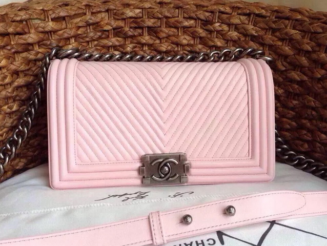 Chanel Le Boy Sakura Pink Chevron Lambskin Silver Hardware for Sale