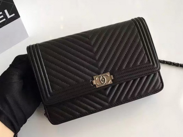 Chanel Le Boy Wallet On Chain Black Chevron Lambskin for Sale