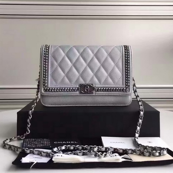 Chanel Le Boy Wallet On Chain Light Grey Calfskin for Sale