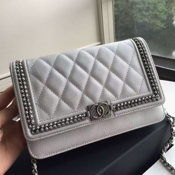 Chanel Le Boy Wallet On Chain Light Grey Calfskin for Sale