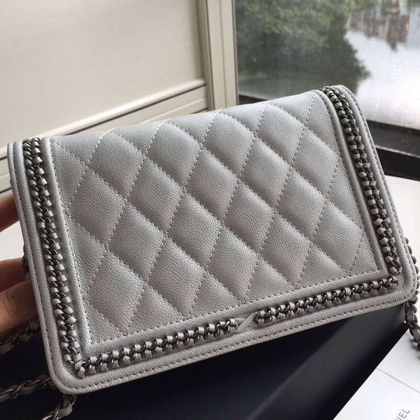 Chanel Le Boy Wallet On Chain Light Grey Calfskin for Sale