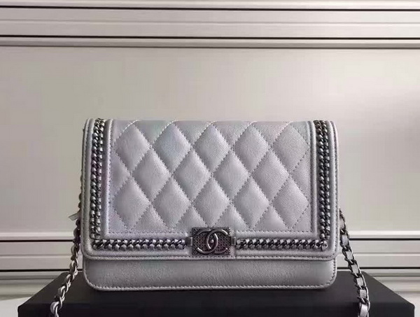 Chanel Le Boy Wallet On Chain Light Grey Calfskin for Sale