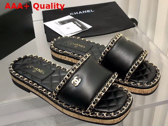 Chanel Leather Mules in Black with Chain Trims Replica