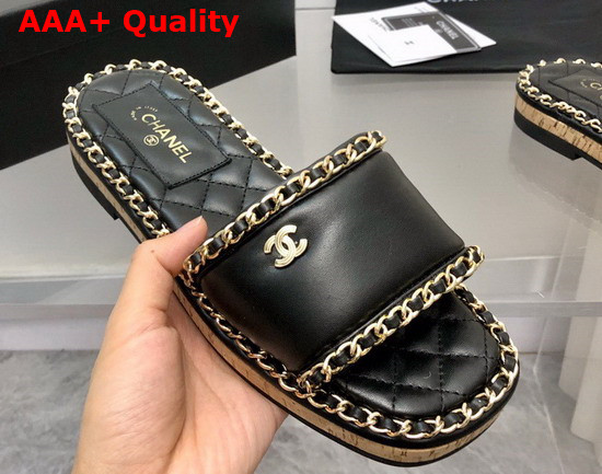 Chanel Leather Mules in Black with Chain Trims Replica