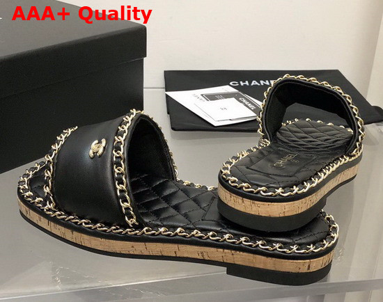 Chanel Leather Mules in Black with Chain Trims Replica