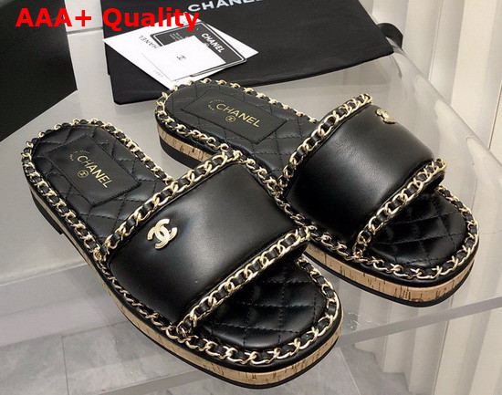 Chanel Leather Mules in Black with Chain Trims Replica