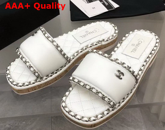 Chanel Leather Mules in White with Chain Trims Replica