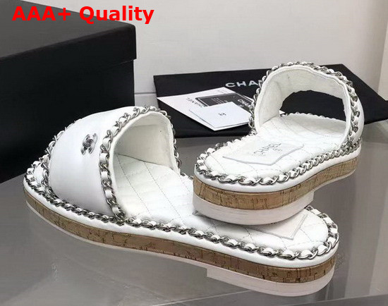 Chanel Leather Mules in White with Chain Trims Replica