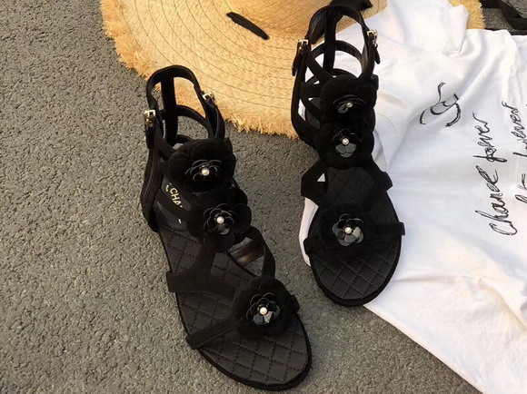 Chanel Leather Sandals Camellias in Black Suede