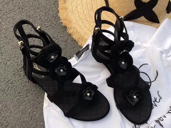 Chanel Leather Sandals Camellias in Black Suede