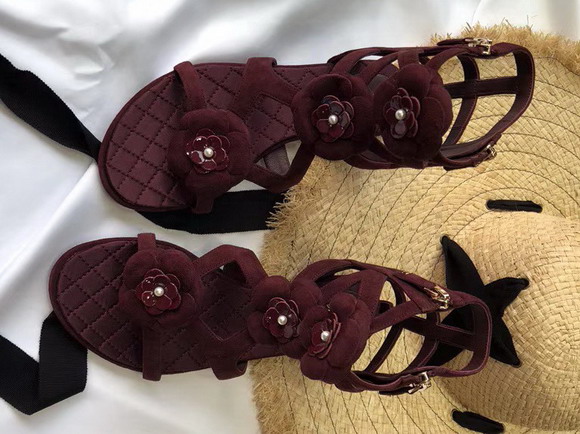 Chanel Leather Sandals Camellias in Burgundy Suede