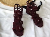 Chanel Leather Sandals Camellias in Burgundy Suede