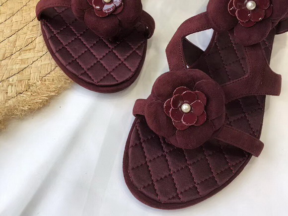 Chanel Leather Sandals Camellias in Burgundy Suede