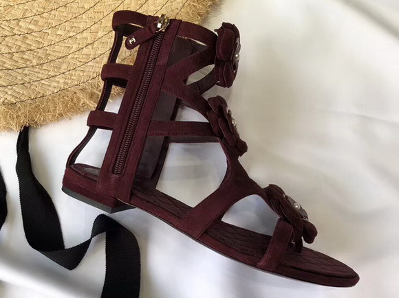 Chanel Leather Sandals Camellias in Burgundy Suede