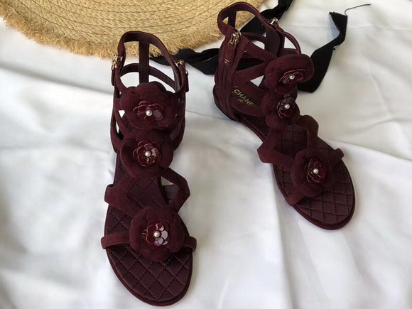 Chanel Leather Sandals Camellias in Burgundy Suede