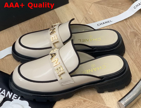 Chanel Letter Mules in Beige Patent Leather Replica