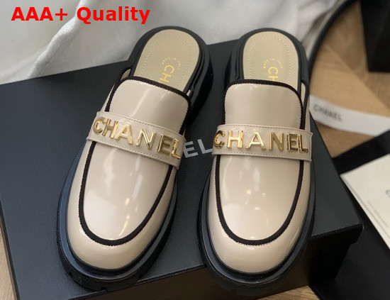 Chanel Letter Mules in Beige Patent Leather Replica