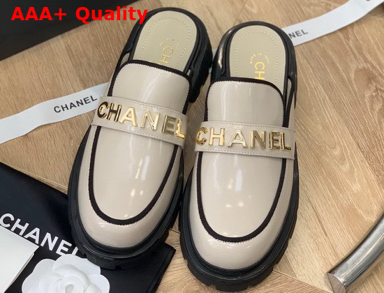 Chanel Letter Mules in Beige Patent Leather Replica