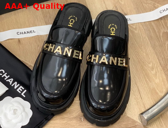 Chanel Letter Mules in Black Patent Leather Replica