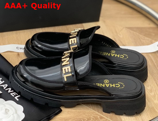 Chanel Letter Mules in Black Patent Leather Replica