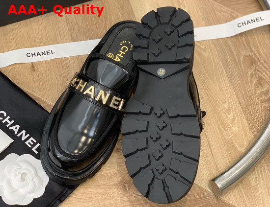 Chanel Letter Mules in Black Patent Leather Replica