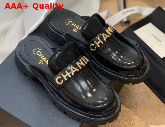 Chanel Letter Mules in Black Patent Leather Replica