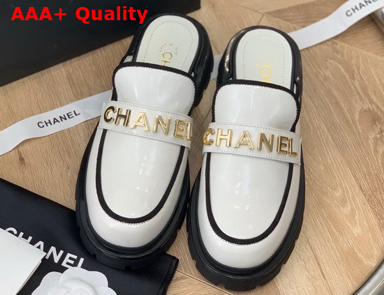 Chanel Letter Mules in White Patent Leather Replica