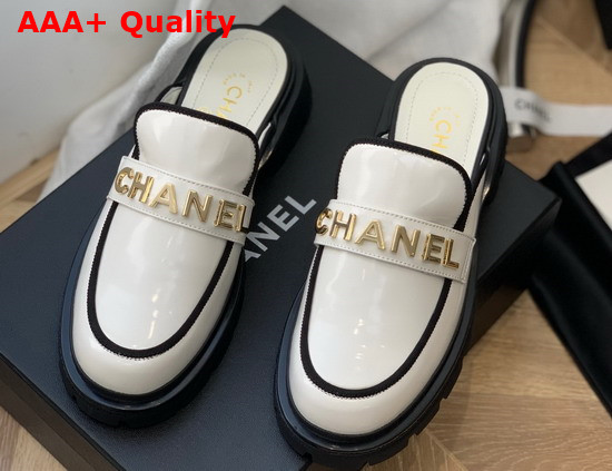 Chanel Letter Mules in White Patent Leather Replica