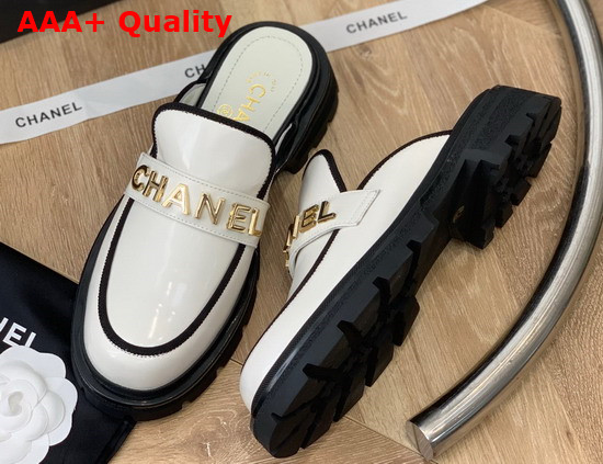 Chanel Letter Mules in White Patent Leather Replica